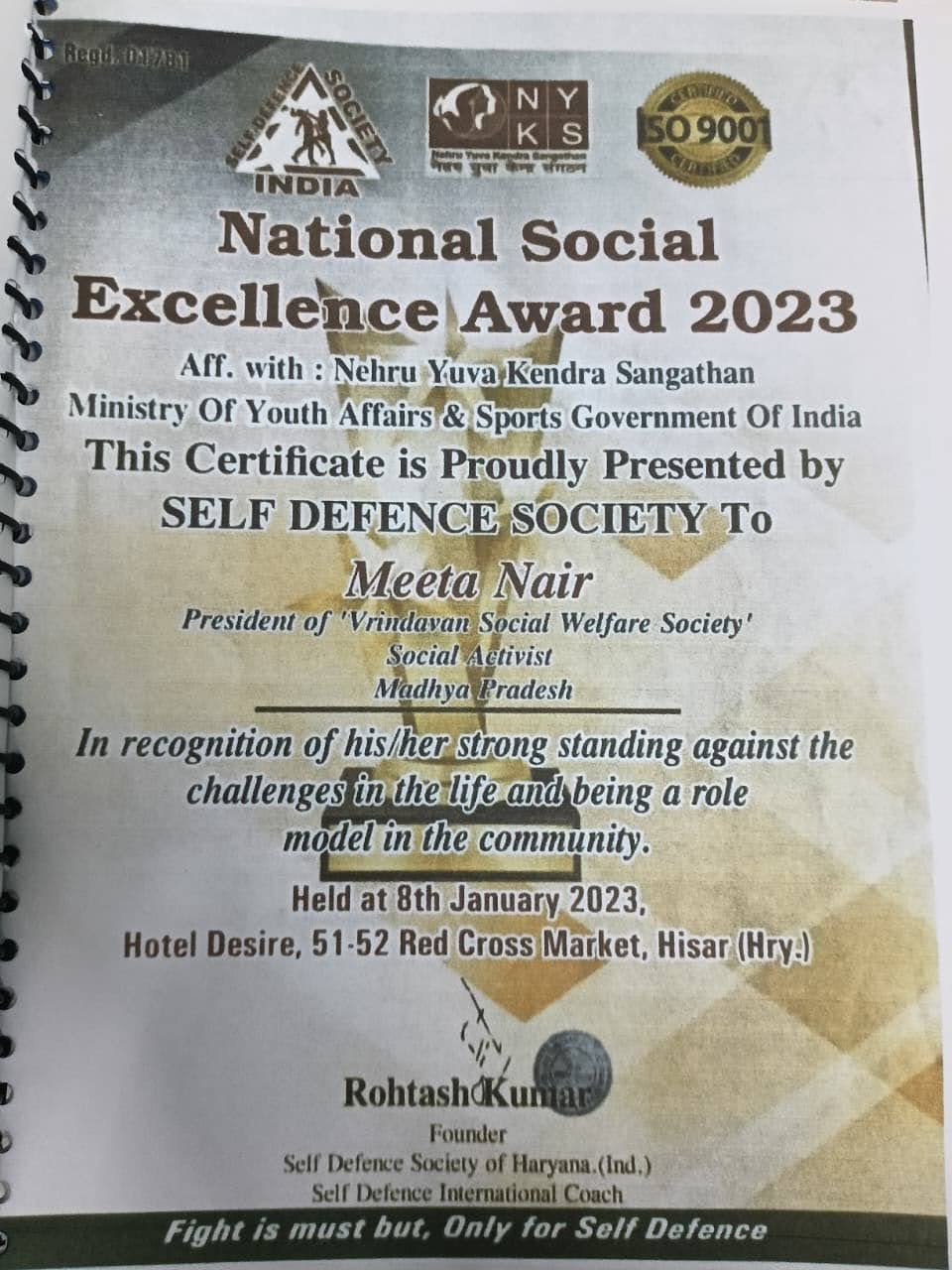 National Social Excellence Award 2023 certificate